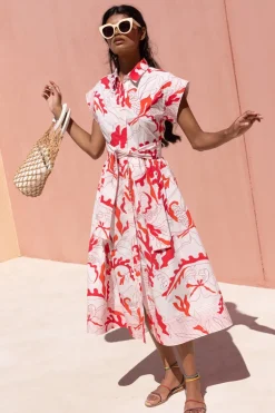 Belted Shirt Dress- Orchid Red