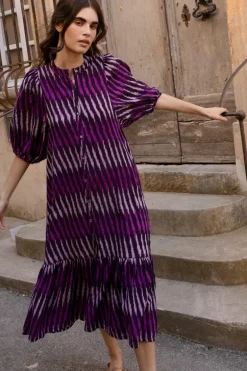 Button Puff Midi- Ikat Purple