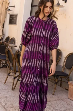 Button Puff Midi- Ikat Purple