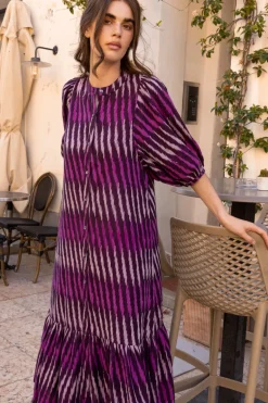 Button Puff Midi- Ikat Purple