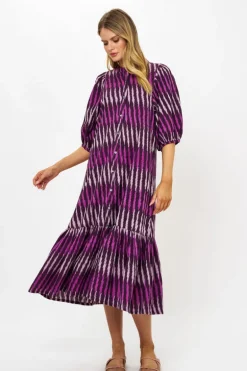 Button Puff Midi- Ikat Purple