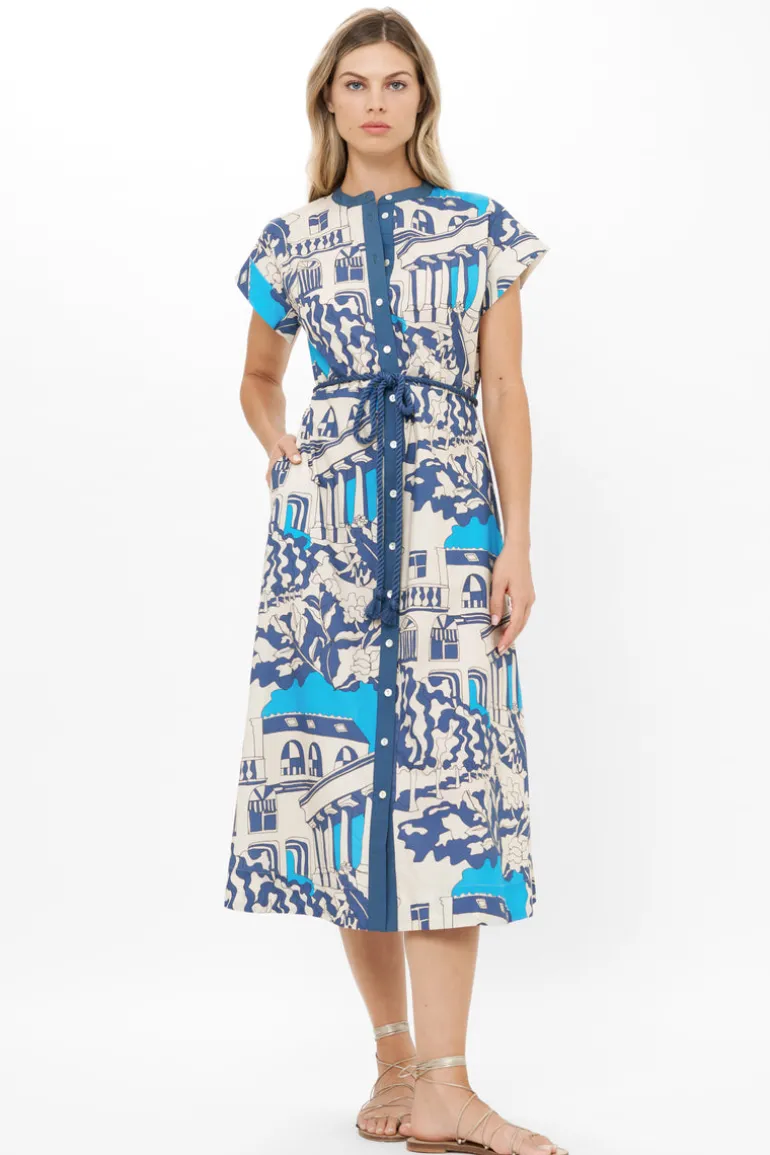 Cap Sleeve Shirt Dress Midi- Roma Blue