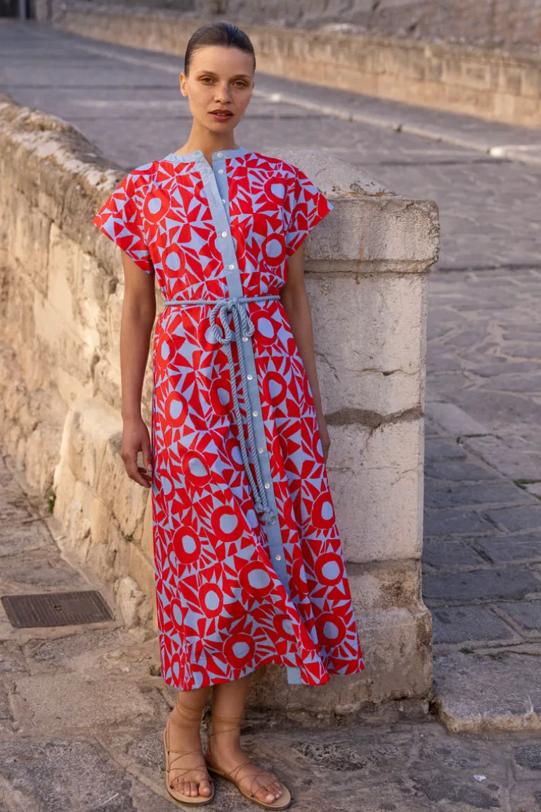 Cap Sleeve Shirt Dress Midi- Eclipse Red