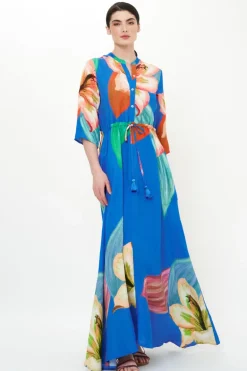 Cinched Shirt Dress Maxi- Hibiscus Blue