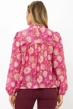 Long Sleeve Pintuck Blouse- Presidio Magenta