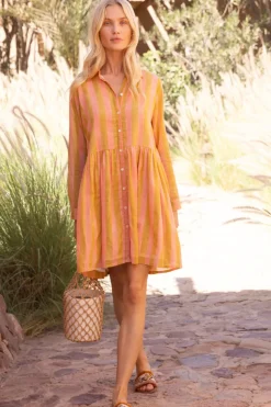 Long Sleeve Shirt Dress Mini- Cabana Coral
