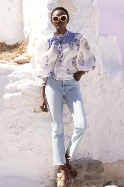 Mandarin Pintuck Blouse- Napa Blue