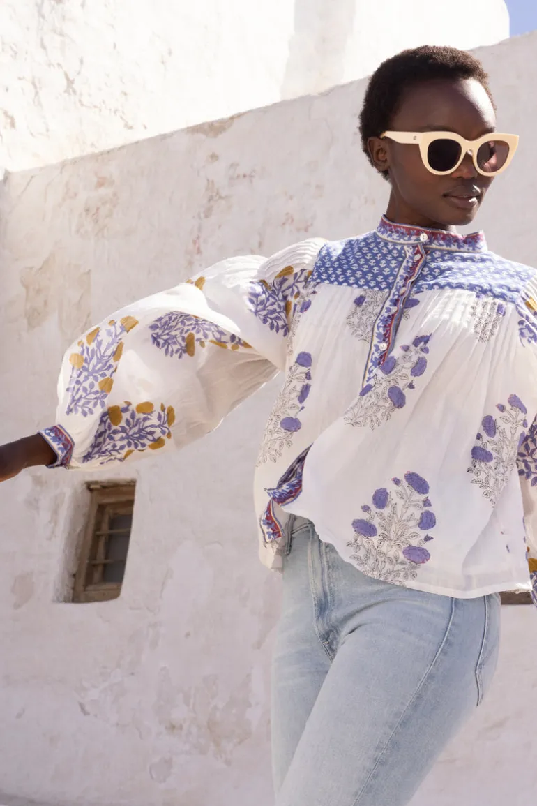 Mandarin Pintuck Blouse- Napa Blue