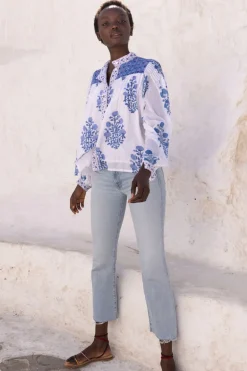 Mandarin Pintuck Blouse- Salvia Blue