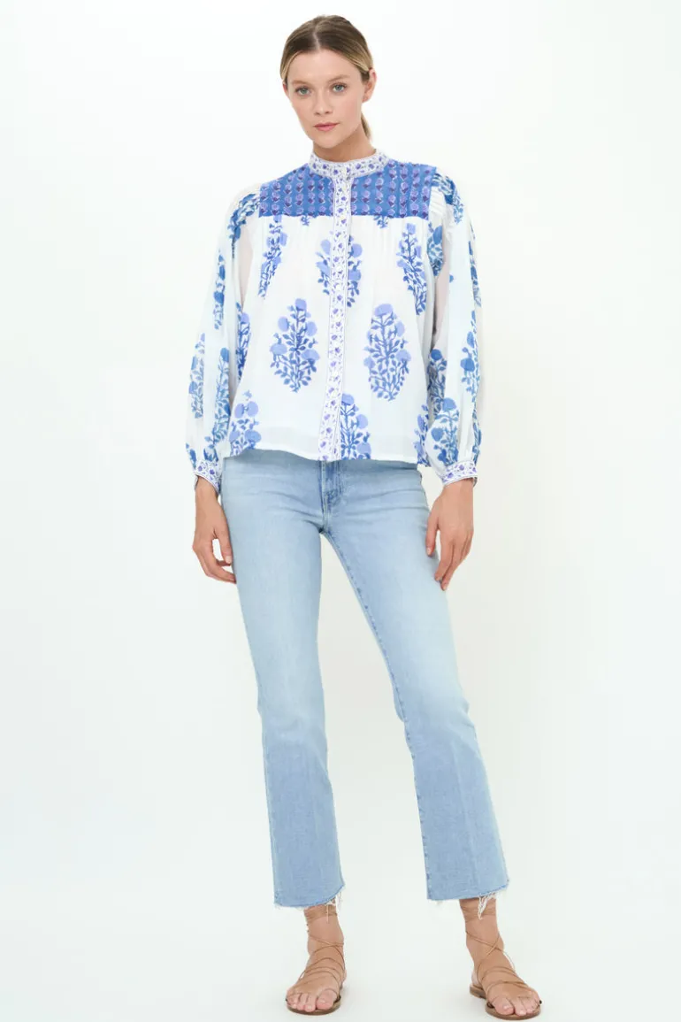 Mandarin Pintuck Blouse- Salvia Blue