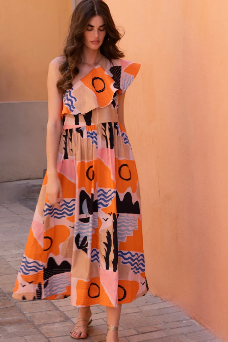 One Shoulder Ruffle Maxi- Riviera Orange