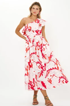 One Shoulder Ruffle Maxi- Orchid Red