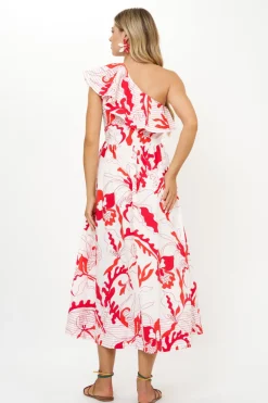 One Shoulder Ruffle Maxi- Orchid Red