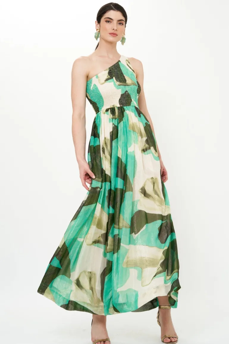 One Shoulder Smocked Maxi- Ginkgo Green