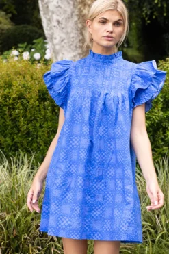Pintuck Ruffle Mini Dress- Matrix Blue