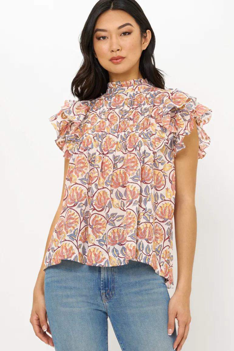 Pintuck Ruffle Top- Montenegro Coral