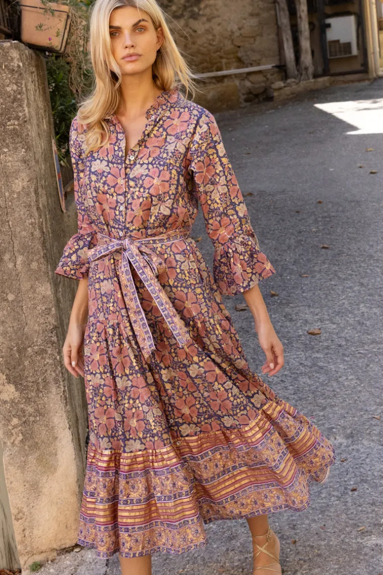 Ruffle Collar Bell Maxi- Matera Navy