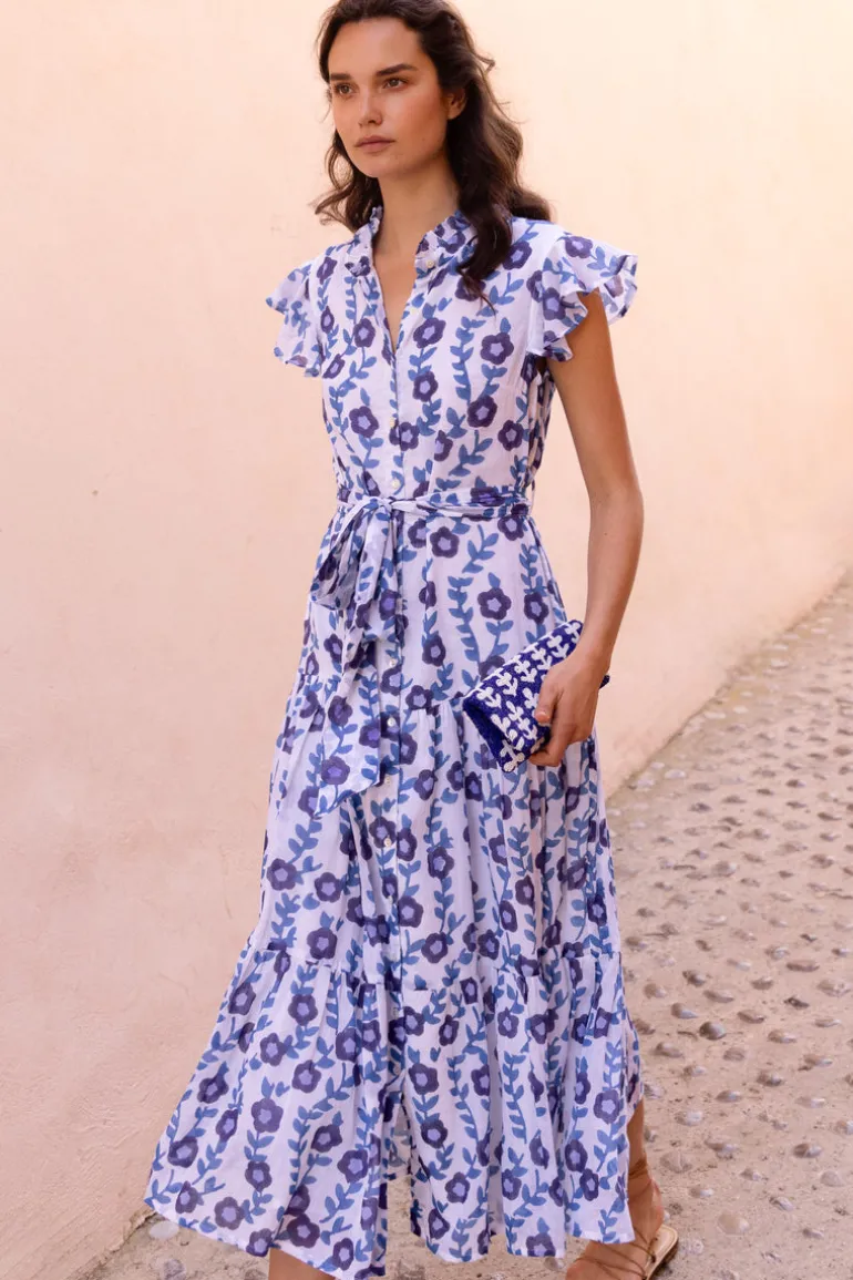 Ruffle Collar Button Maxi- Toscana Blue