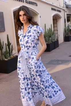Ruffle Collar Button Maxi- Marion Blue