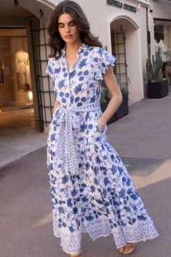 Ruffle Collar Button Maxi- Marion Blue