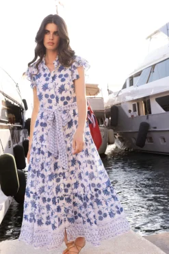 Ruffle Collar Button Maxi- Marion Blue