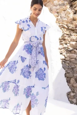 Ruffle Collar Button Maxi- Portofino Blue
