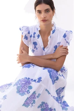 Ruffle Collar Button Maxi- Portofino Blue