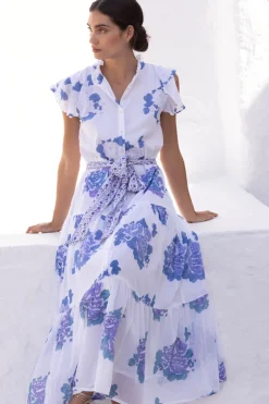Ruffle Collar Button Maxi- Portofino Blue