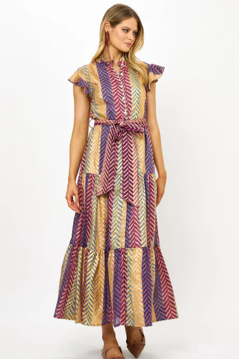 Ruffle Collar Button Maxi- Torino Blue