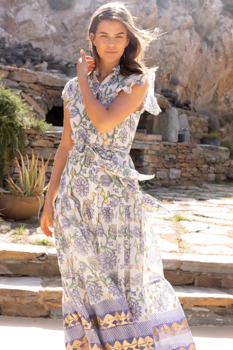 Ruffle Collar Button Maxi- Presidio Blue