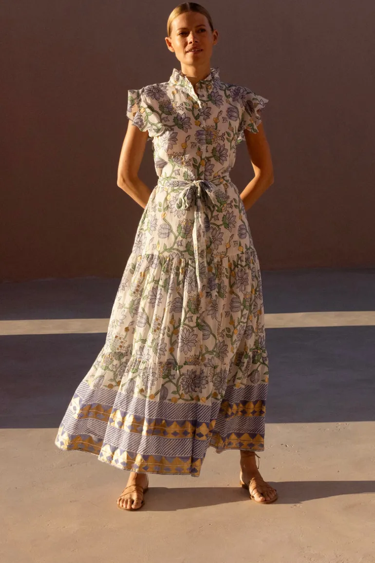 Ruffle Collar Button Maxi- Presidio Blue