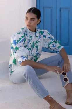 Ruffle Front Button Blouse- Orchid Green