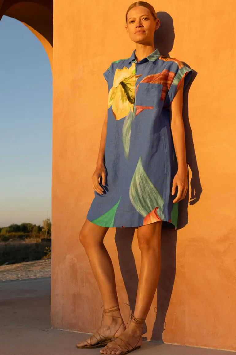 Shirt Dress Mini- Hibiscus Blue