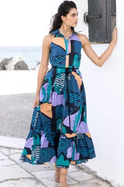 Sleeveless Shirt Dress Maxi- Riviera Blue