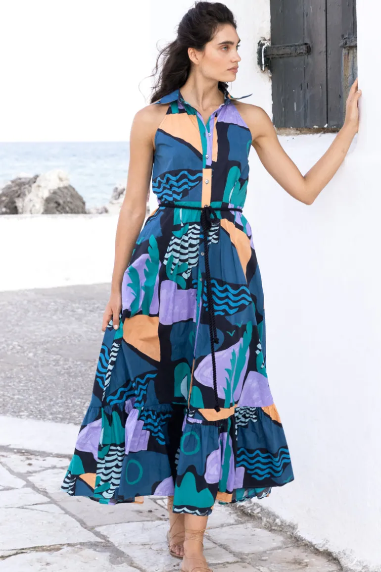 Sleeveless Shirt Dress Maxi- Riviera Blue