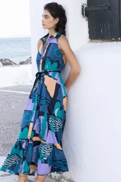Sleeveless Shirt Dress Maxi- Riviera Blue