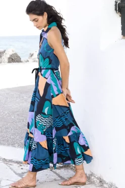 Sleeveless Shirt Dress Maxi- Riviera Blue