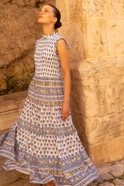 Sleeveless Smocked Maxi- Lotus Navy