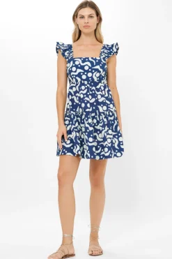 Smocked Square Neck Mini- Acadia Navy