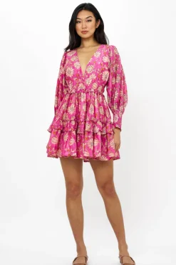 Smocked Waist V-Neck Mini- Presidio Magenta