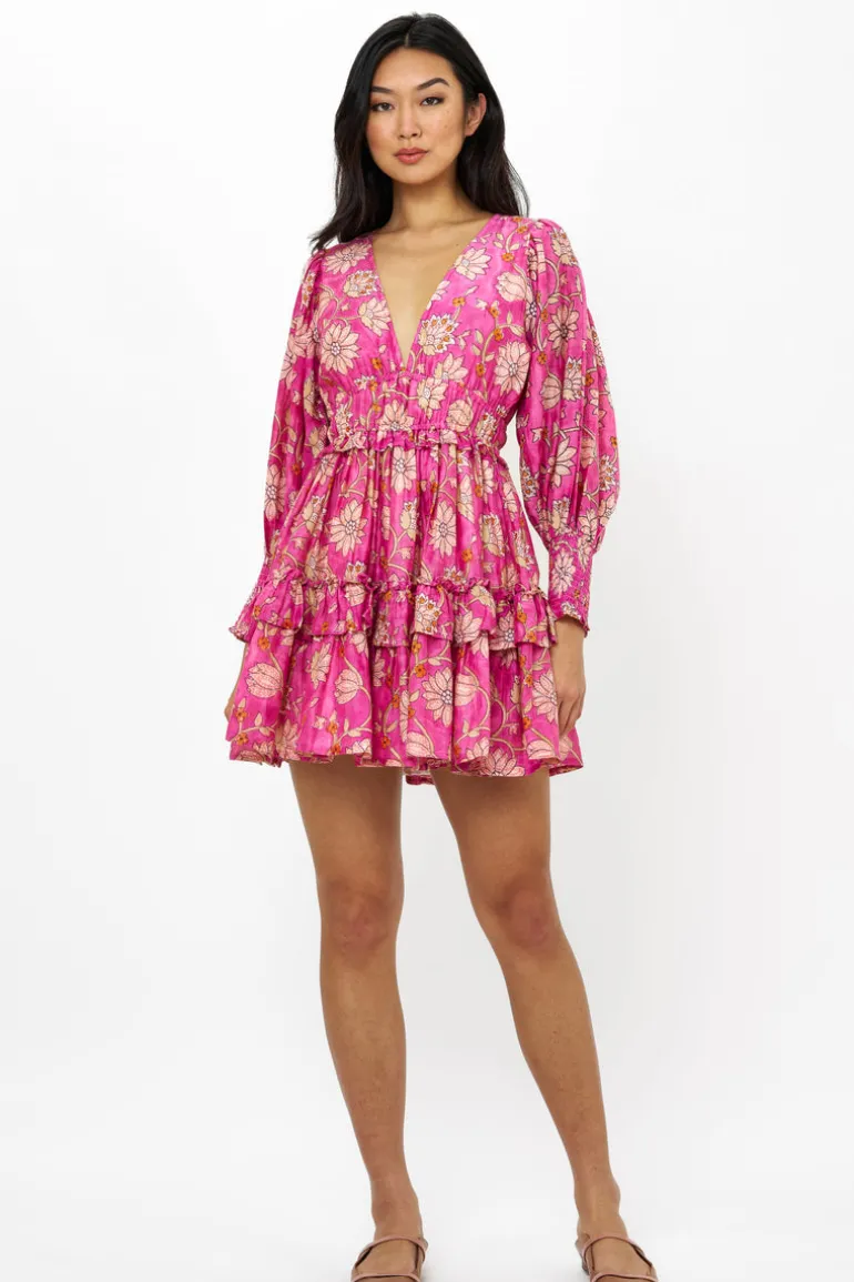 Smocked Waist V-Neck Mini- Presidio Magenta