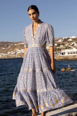 V-Neck Cuffed Maxi- Veranda Blue
