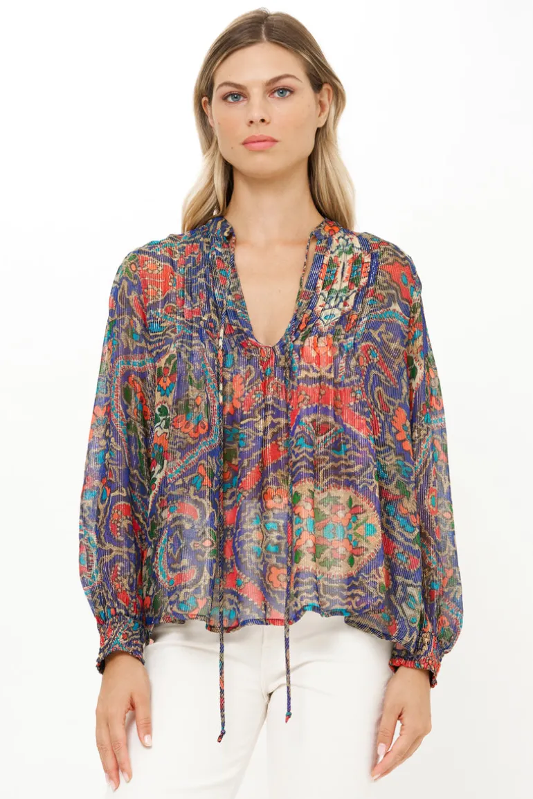V-Neck Pintuck Blouse- Persia Cobalt