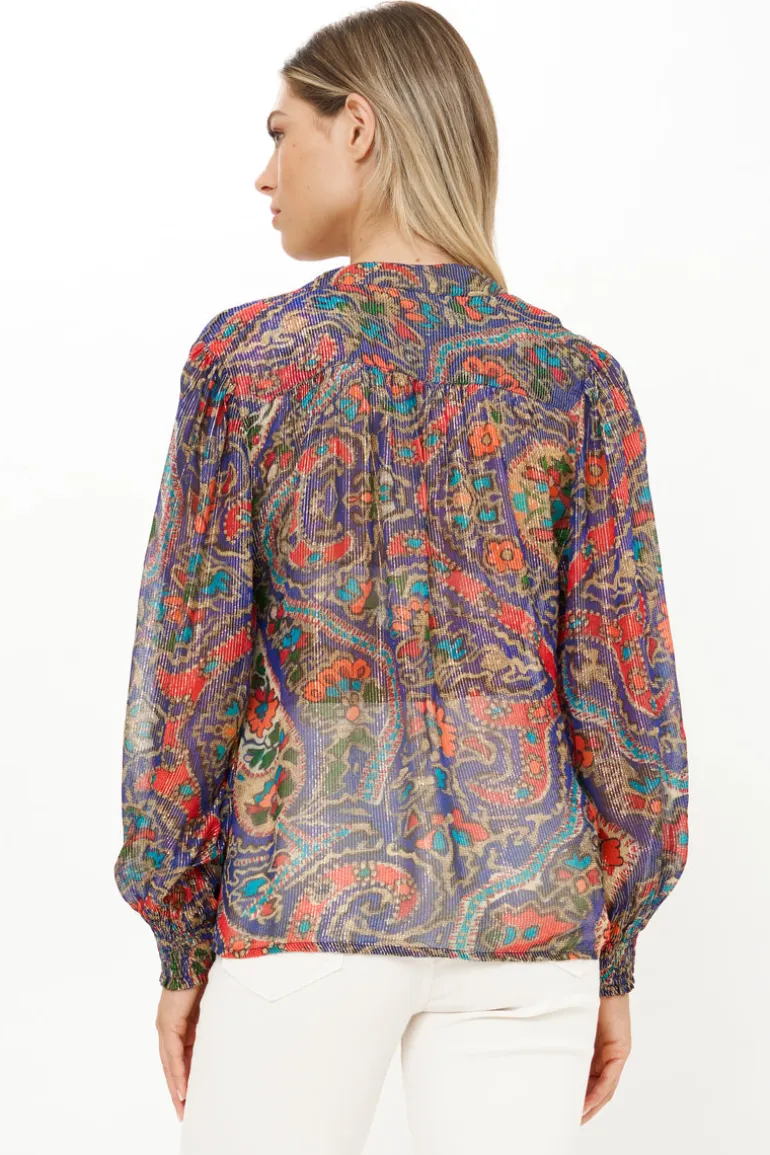 V-Neck Pintuck Blouse- Persia Cobalt